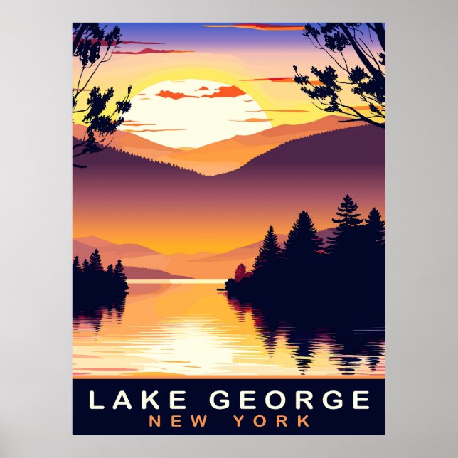 Sjö George, NY, Romantic Sunset, Travel Poster (Framsidan)
