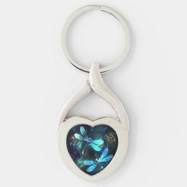 Sjö Glowing Dragonflies Twisted Heart Silverfärgad Nyckelring (Framsidan)