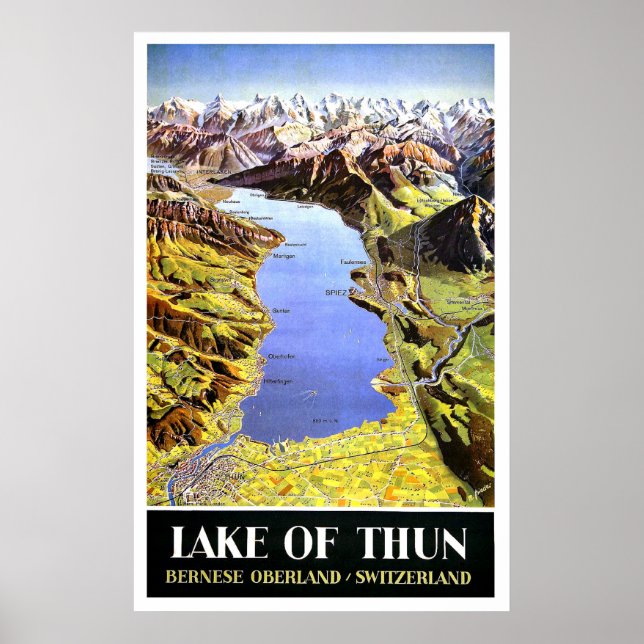 Sjö i Thun karta, Bernese Oberland, Schweiz Poster (Framsidan)