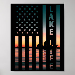 Sjö Liv Fiskare Solnedgång Amerikansk Flagga Byss Poster