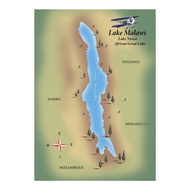 Sjö Malawi,reseaffisch karta-utskrift Fototryck (Framsidan)