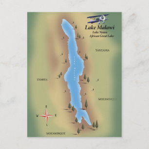 Sjö Malawi,reseaffisch karta-utskrift Vykort