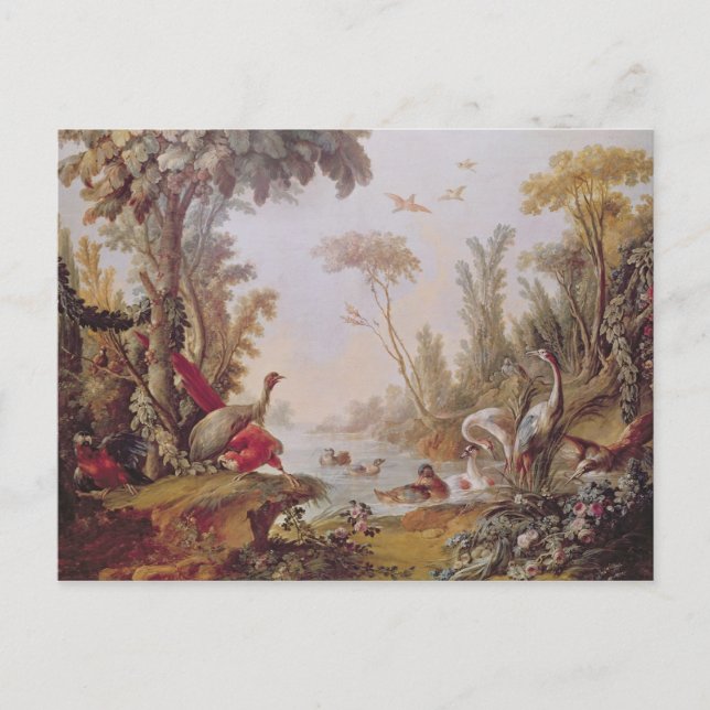 Sjö med gäss, storkar, papegojor och öron vykort (Framsida)