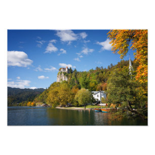 Sjö med träd i höst färg i Slovenien Fototryck