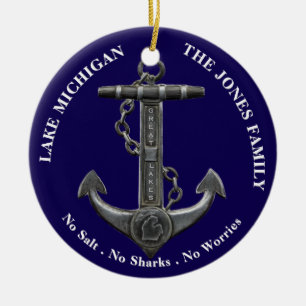 Sjö MICHIGAN Patriotic, nödställda ankare nautisk Julgransprydnad Keramik