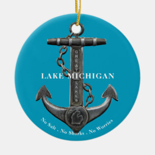 Sjö Michigan Patriotiskt nödlidande ankare pirat Julgransprydnad Keramik