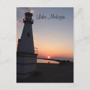 Sjö Michigan Sunset Lighthouse-vykort Vykort