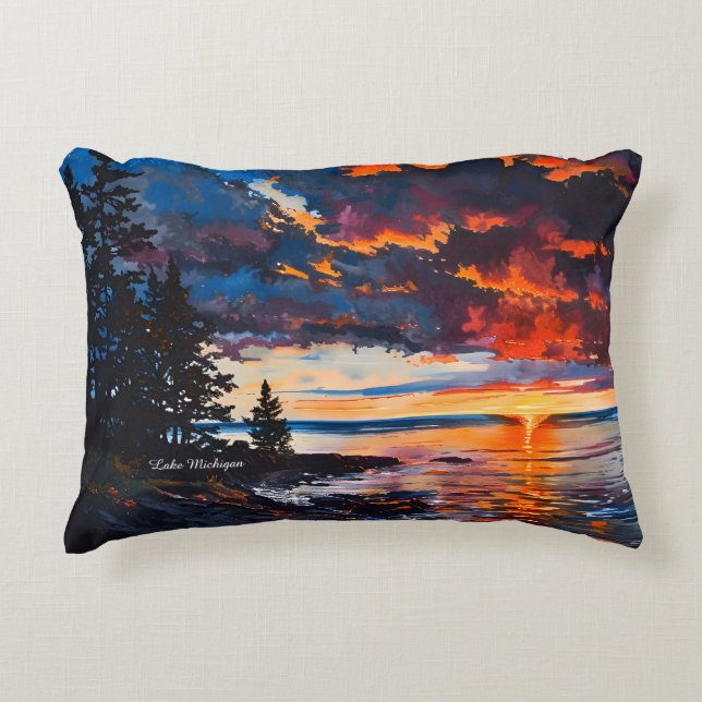 Sjö Michigan Sunset Nature liggande design Prydnadskudde (Framsidan)