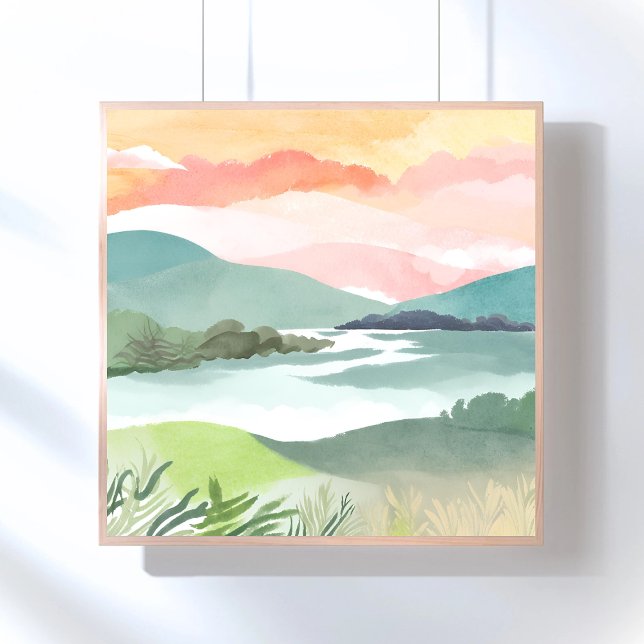 Sjö Morgon Soluppgång | Akvarell Natur Poster (Skapare uppladdad)