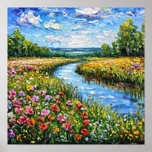 Sjö och blomsterfält Lugnt naturlandskap Poster