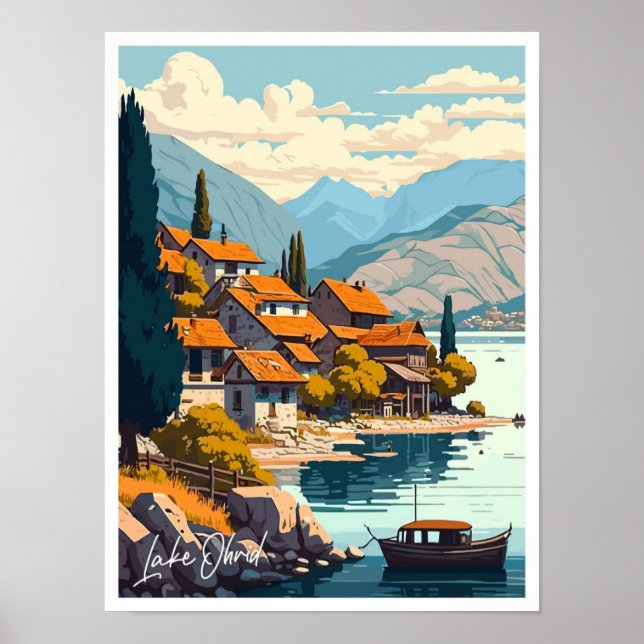 Sjö Ohrid Travel Vintage illustration Poster (Framsidan)