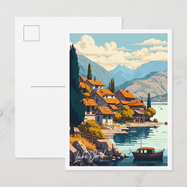 Sjö Ohrid Travel Vintage illustration Vykort (Fram/baksida)