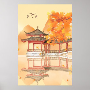 Sjö Pavilion Autumn Land Scenery Poster