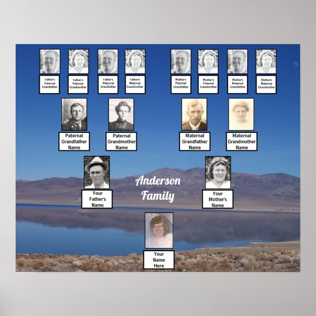 Sjö reflekterar bergens fotofamilj Träd Poster (Framsidan)