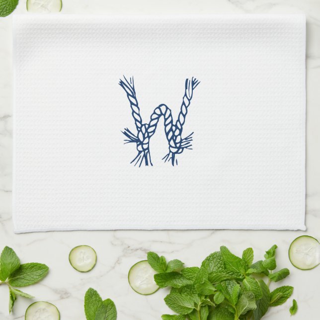 Sjö- rep knutar blå vit anpassad monogram kökshandduk (Vikta)