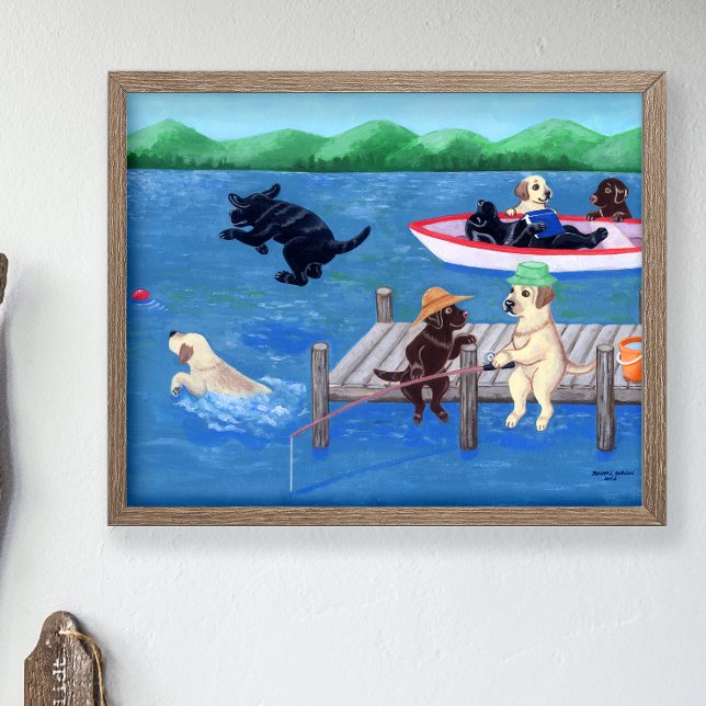 Sjö Roligt Labradors Poster (Lake Fun Labradors Poster for Labrador Owners.  Whimsical Lab art for Lake House and Summer House.)