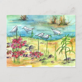 Sjö Shore Birds Fiskmås Watercolor Pond Flowers Vykort