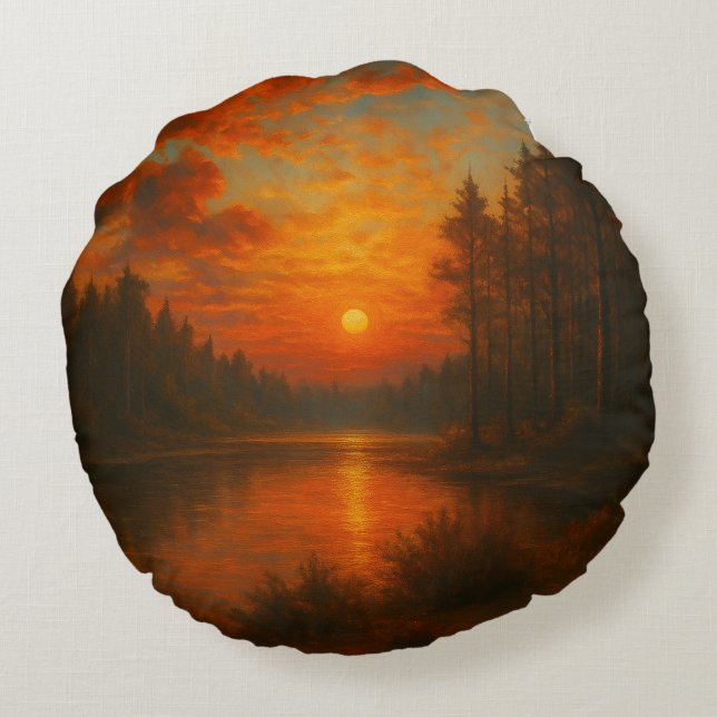 Sjö Sunset - naturinspirerad dekorfärg Rund Kudde (Baksidan)