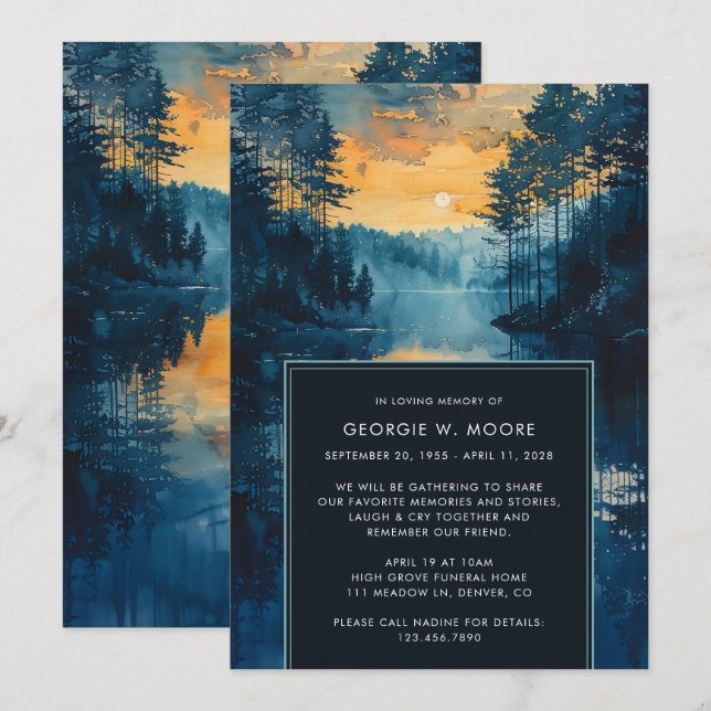 Sjö Sunset Painting Funeral Firande of Life Inbjudningar (Fram/baksida)