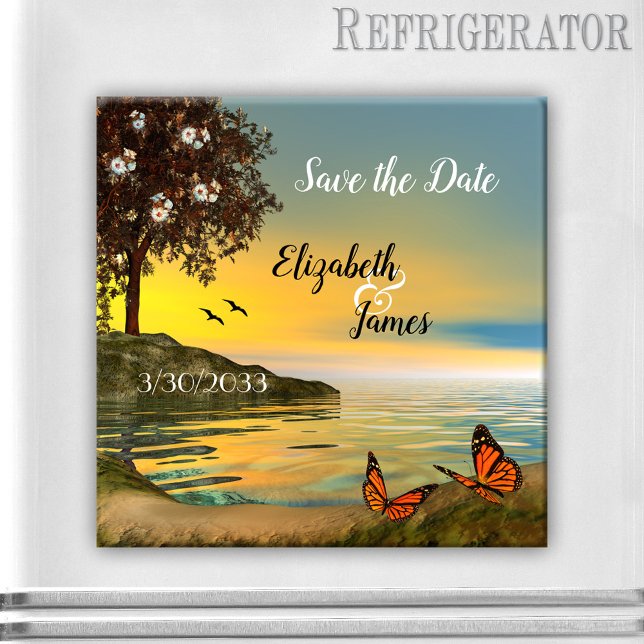 Sjö Sunset with Butterflies Spara datum magneter (Save the Date magnet featuring a coastal landscape with a blossoming tree and butterflies at sunset)