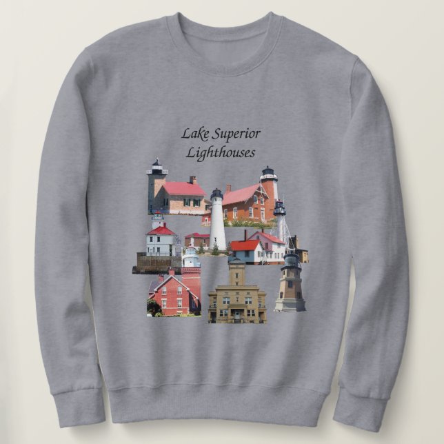 Sjö Superior Lighthouses-tröjans svarta bokstäver Lång Ärmad Tröja (Design framsida)