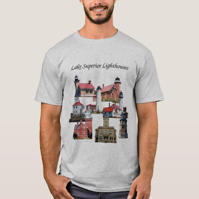 Sjö Superior Lighthouses-tröjans svarta bokstäver T Shirt (Framsida)