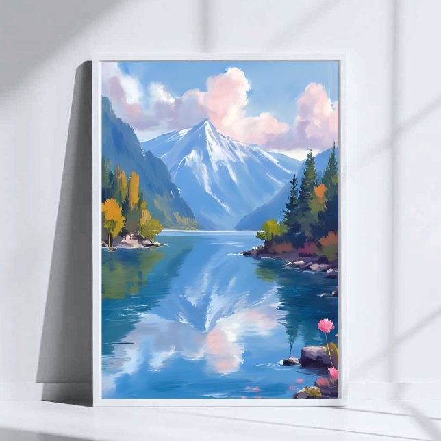Sjö Tahoe Berg Vattenfärg Natur Målning Poster (Skapare uppladdad)
