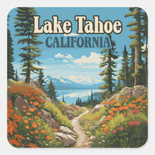 Sjö Tahoe California Nevada Retro Travel Fyrkantigt Klistermärke
