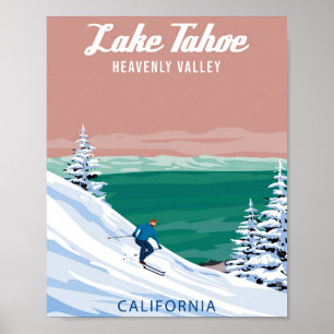 Sjö Tahoe Ski Travel resort poster vintage