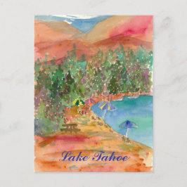 Sjö Tahoe Summer Beach Umbrellas Mountains Vykort