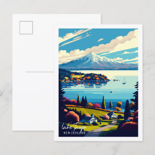 Sjö Taupo New Zealand vintage resor illustration Vykort