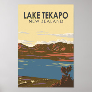 Sjö Tekapo New Zealand Travel Art Vintage Poster