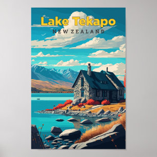 Sjö Tekapo New Zealand Travel Art Vintage Poster