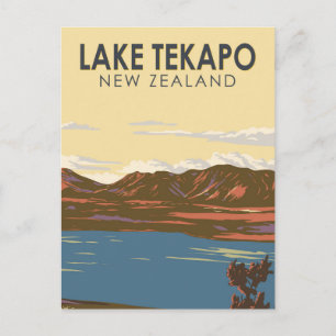 Sjö Tekapo New Zealand Travel Art Vintage Vykort