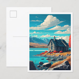 Sjö Tekapo Nya Zeeland vintage resor Vykort