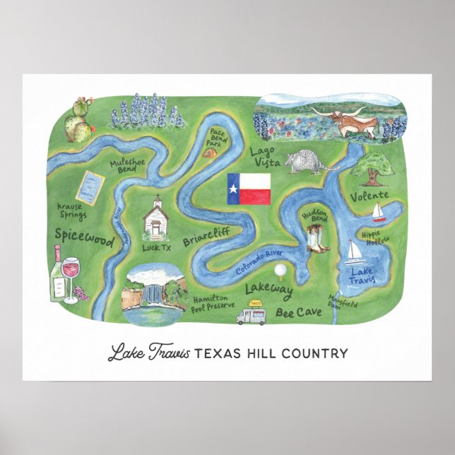 Sjö Travis Texas Backe Land Illustrated Karta Poster (Framsidan)