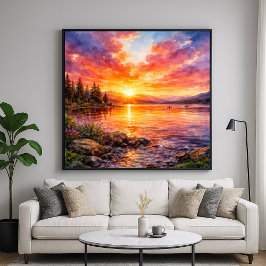 Sjö vid solnedgång - Akvarellmålning Poster