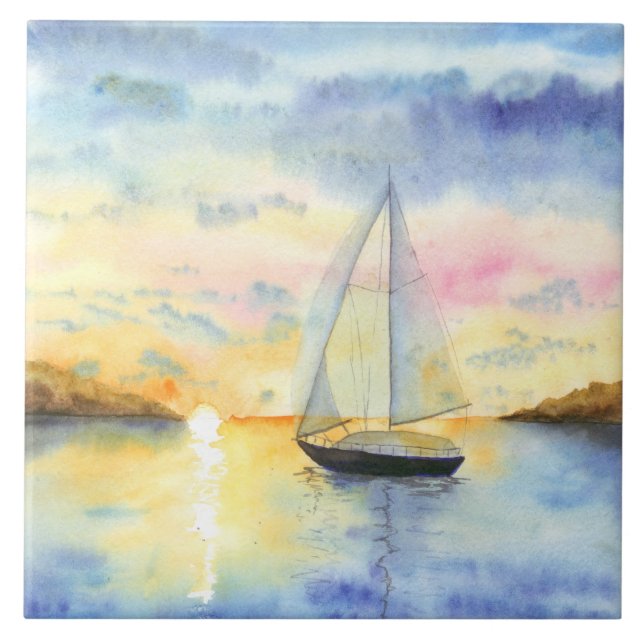 Sjö vid solnedgång kakelplatta (Framsidan)