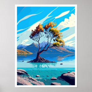 Sjö Wanaka New Zealand Travel Illustration Poster