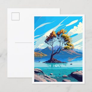 Sjö Wanaka New Zealand Travel Illustration Vykort