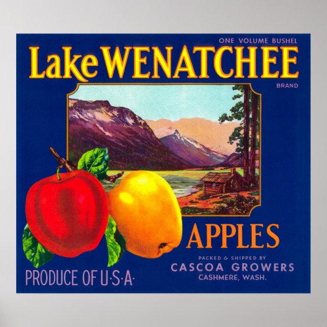 Sjö Wenatchee Apple Label (blå) - Cashmir, WA Poster (Framsidan)