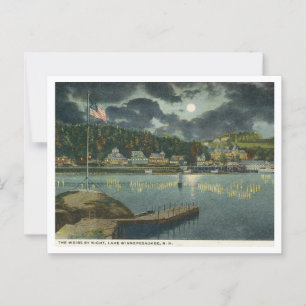 Sjö Winnipesaukee, NH The Weirs på natten 1910-tal Vykort