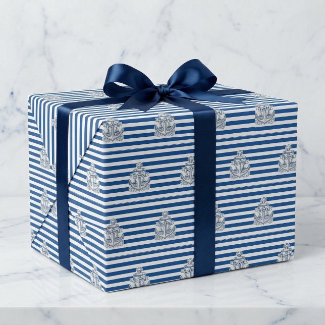 Sjöankare Födelsedag Blå Cabana-ränder Presentpapper (Classic stripes for your gifts.)