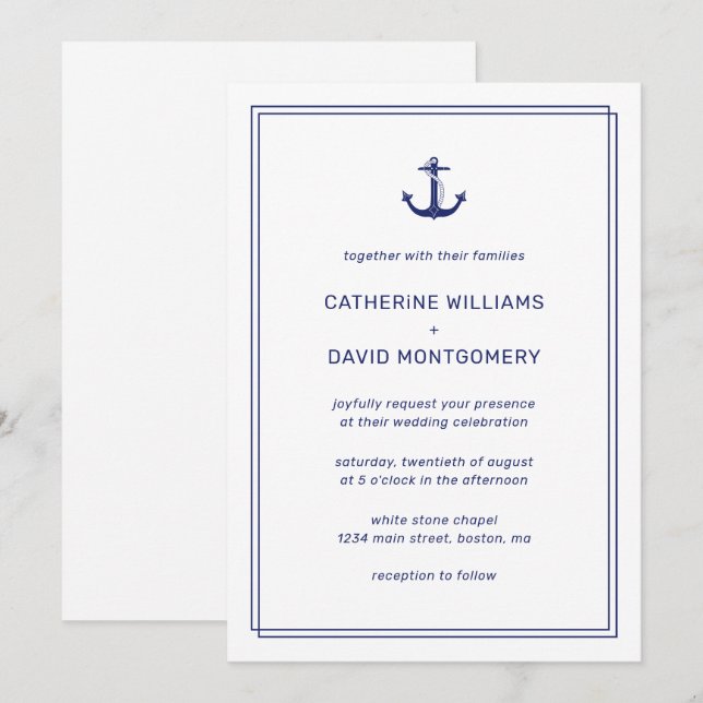 Sjöankare Marin & Vit Minimalistisk Bröllop Inbjudningar (Fram/baksida)