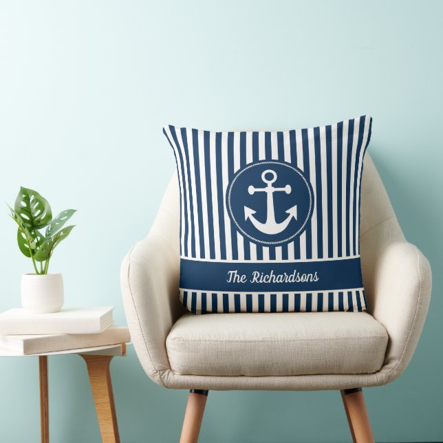 Sjöankare med rep på marinblå ränder kudde (Stol)