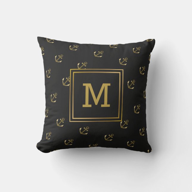 Sjöankare Mönster Svart och Guld Monogram Kudde (Framsida)