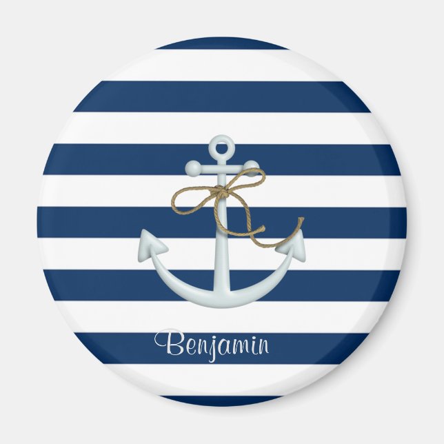 Sjöankare på marinblå ränder-Personlig Magnet (Framsidan)