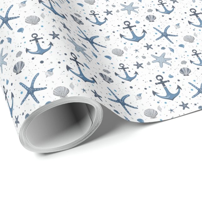 Sjöankare Sjöstjärna Blå och Vit  Presentpapper (Rullad Hörn)