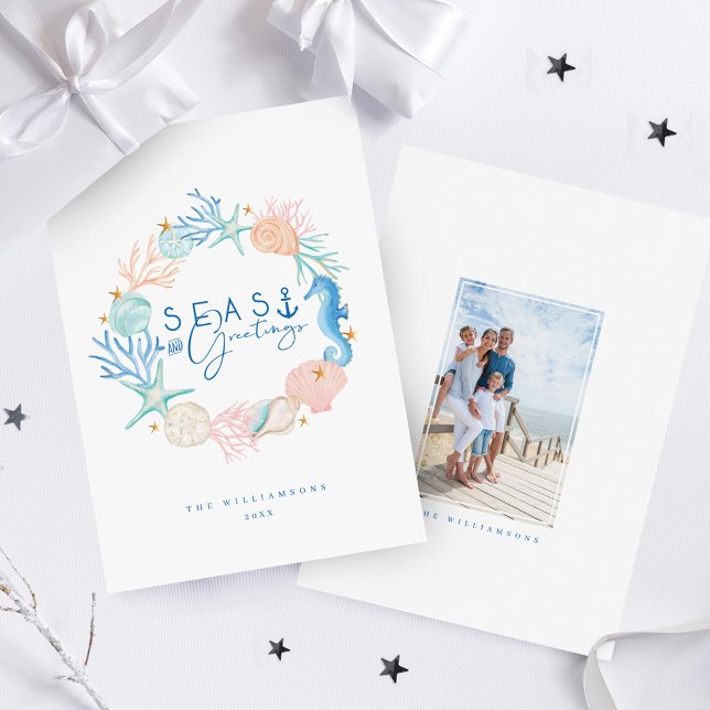Sjöar och Hälsning Vattenfärg Sårfenans utandning Julkort (Seas & Greetings Watercolor Seashell Wreath Holiday Card)
