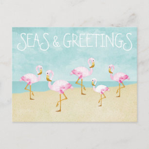 Sjöar och Hälsning Vattenfärgning Rosa Flamingos Vykort